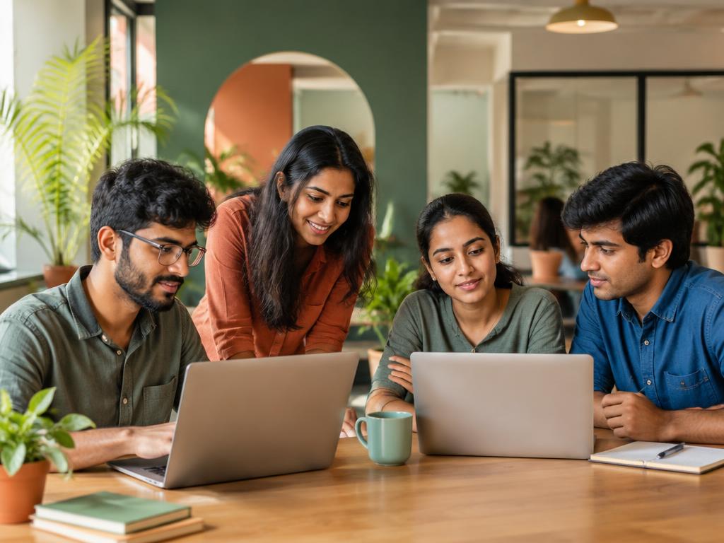 Colleagues collaborating around laptops in an office